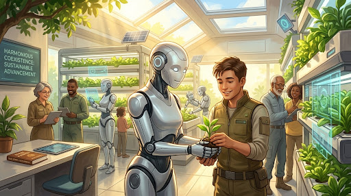A humanoid robot handing a seedling to a person in a sunlit greenhouse, with other people and robots working together in the background, captioned Harmonious Coexistence, Sustainable Advancement
