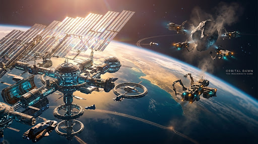 An illustration of an orbital station and solar array with a fleet of small spacecraft working an asteroid above Earth, captioned Orbital Dawn: The Machines' Care